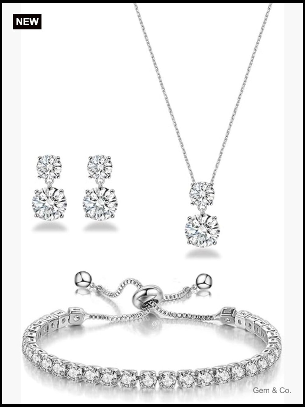 3-Piece Wedding Jewelry Set - Cubic Zirconia Earrings, Necklace & Adjustable